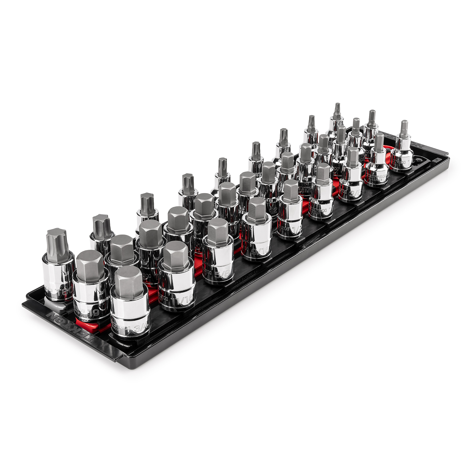 TEKTON 1/2 Inch Drive Hex/Torx Bit Socket Set with Rails and Tray, 32-Piece (1/4 - 3/4 in., 6 - 19 mm, T30 - T80) | SHB92203